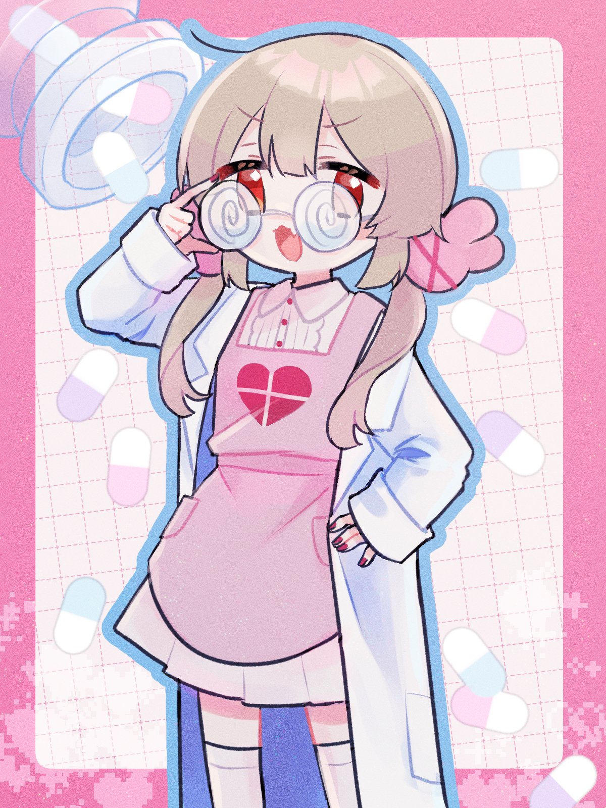 >_<, 1girl, apron, collared_dress, dress, glasses, hair_ornament, hand_on_eyewear, hand_on_own_hip, highres, kurumi_sumire, lab_coat, light_brown_hair, long_hair, long_sleeves, looking_at_viewer, low_twintails, natori_sana, open_mouth, pill, pink_apron, rabbit_hair_ornament, red_eyes, sana_channel, solo, standing, twintails, virtual_youtuber, white_dress