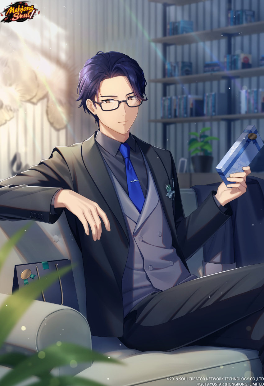 1boy, absurdres, black_hair, black_suit, blue_necktie, bookshelf, brown_eyes, bshi_edayo