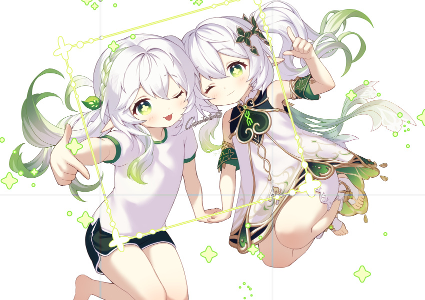 2girls, absurdres, alternate_costume, barefoot, black_shorts, blush, clone, commission, detached_sleeves, dress, genshin_impact, green_eyes, green_hair, green_sleeves, hair_between_eyes, hair_ornament, highres, ice_s_s_z, long_hair, looking_at_viewer, multicolored_hair, multiple_girls, nahida_(genshin_impact), one_eye_closed, pointy_ears, shirt, short_sleeves, shorts, sidelocks, simple_background, sleeveless, sleeveless_dress, tongue, white_hair, white_shirt