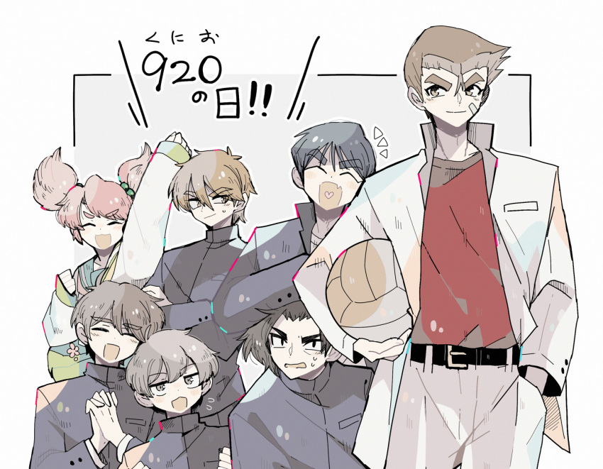 1girl, 6+boys, bandaid, blue_hair, blush, brown_eyes, brown_hair, closed_eyes, crossed_arms, dodgeball, kunio-kun, kunio-kun_series, looking_at_viewer, momozono_satomi, multiple_boys, nanase_(kunio-kun), pink_hair, school_uniform, smile, sugata_(kunio-kun), two_side_up, user_dsjg7883
