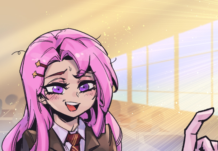 1girl, :d, battle_academia_katarina, blush, brown_jacket, gloves, hair_ornament, hairclip