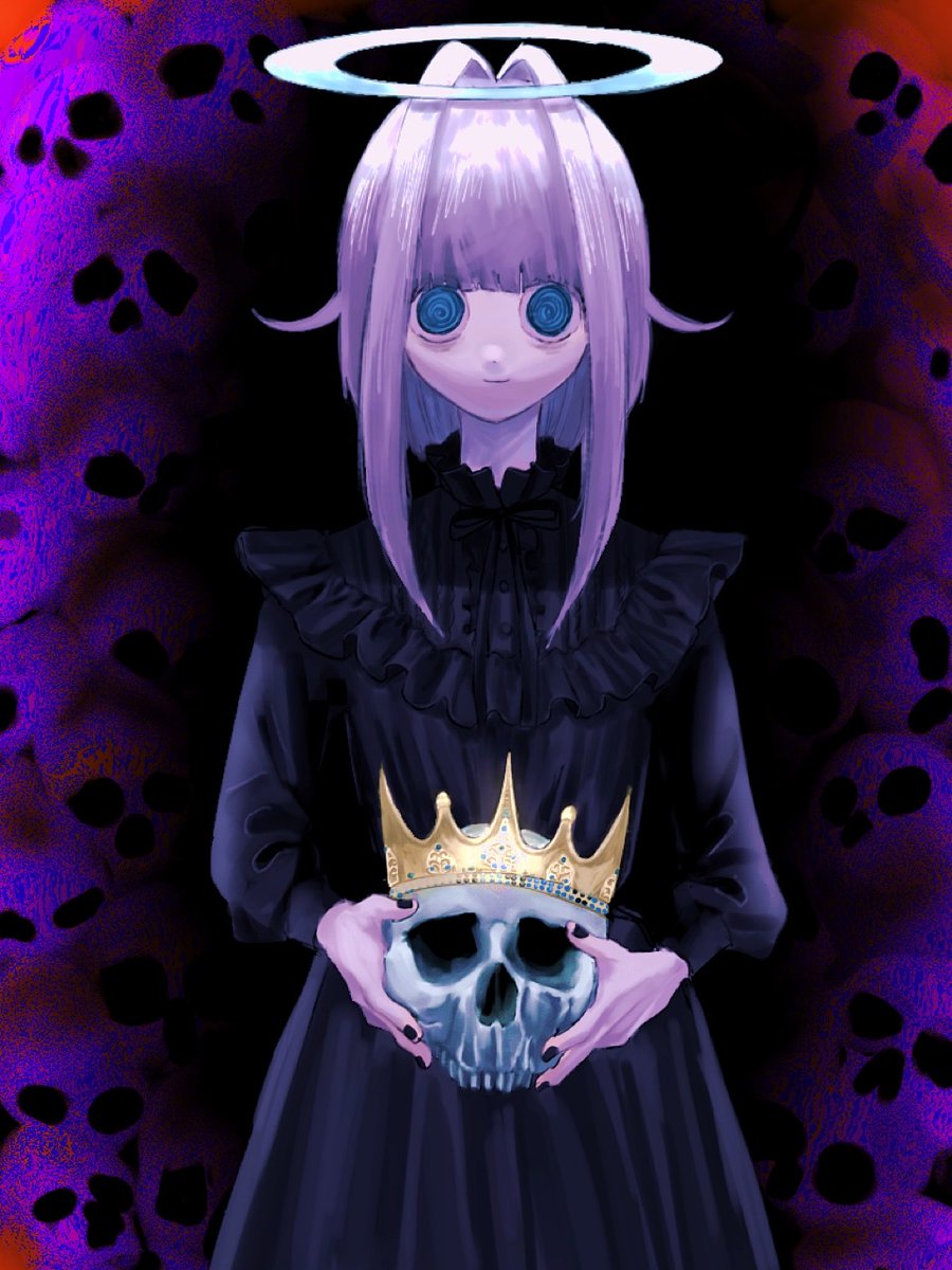 1girl, @_@, bags_under_eyes, black_dress, black_nails, blue_eyes, collar, crown