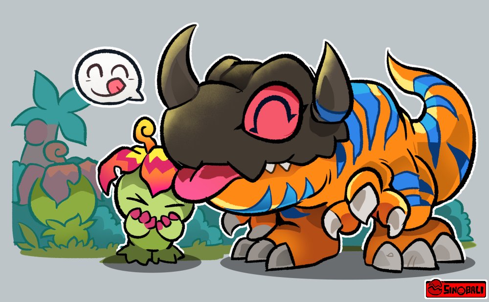 :p, artist_name, closed_eyes, digimon, digimon_(creature), digimon_adventure, grey_background, greymon