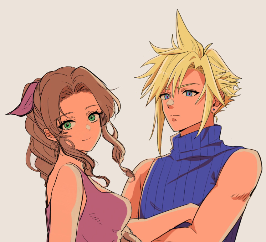1boy, 1girl, aerith_gainsborough, bare_shoulders, blonde_hair, blue_shirt, blush, braid
