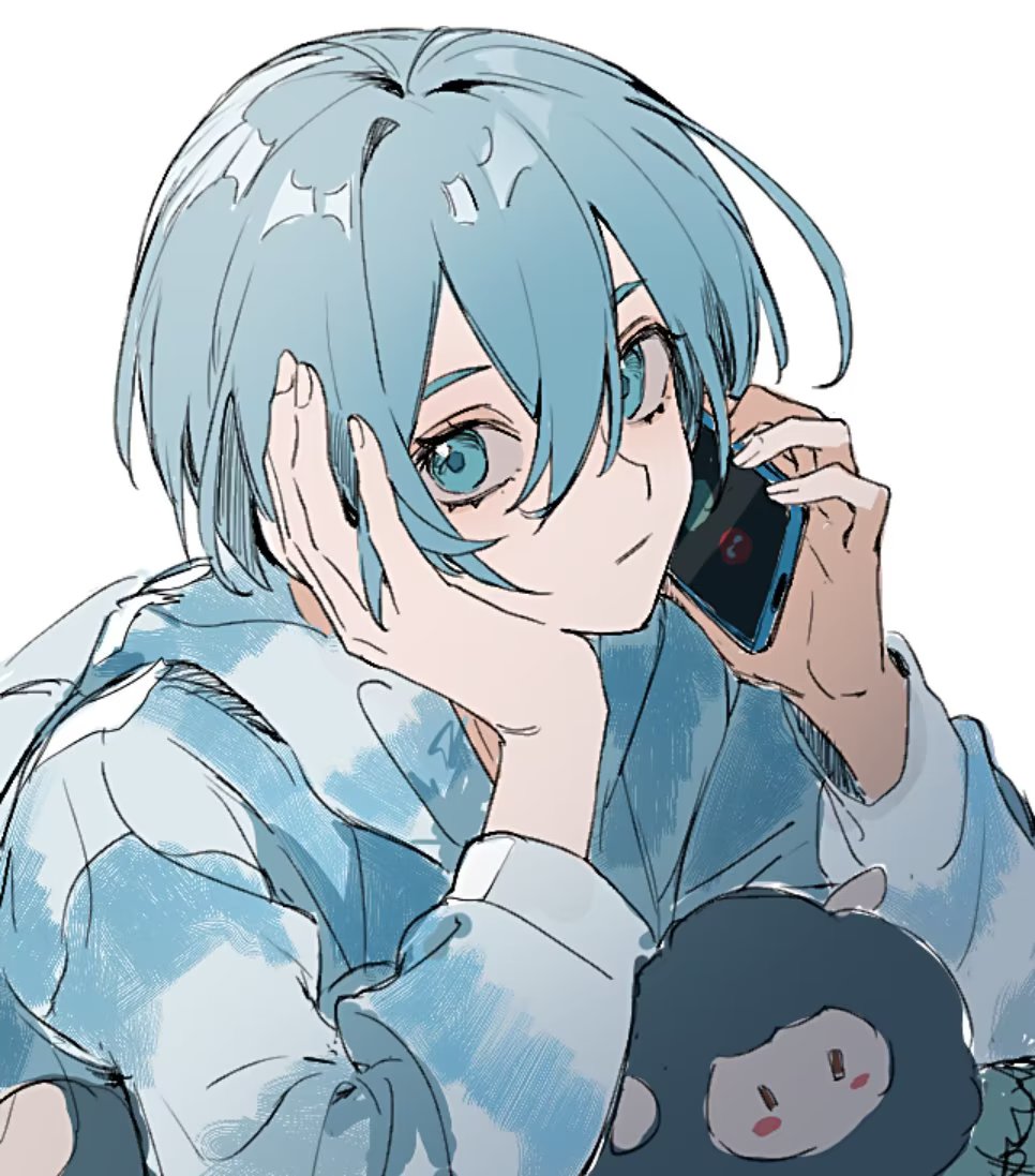 1boy, blue_eyes, blue_hair, blue_lock, blue_shirt, cellphone, closed_mouth, hands_up