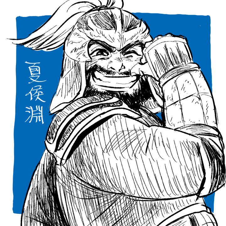 1boy, armor, beard, blue_background, character_request, facial_hair, greyscale_with_colored_background, grin