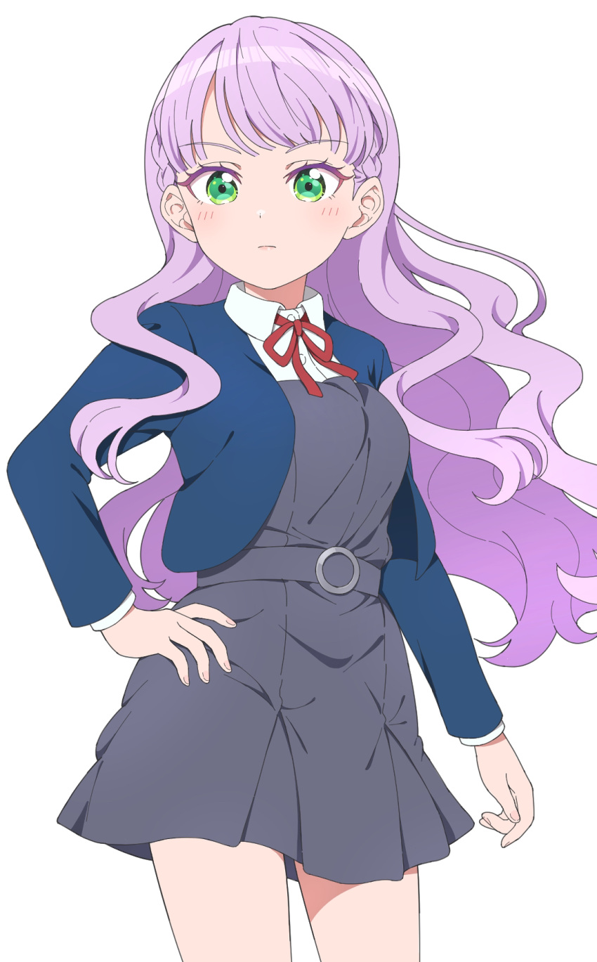1girl, blush, braid, closed_mouth, commentary, fingernails, green_eyes, hair_flowing_over