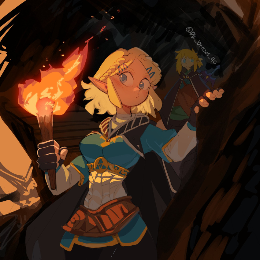1boy, 1girl, artist_name, belt, black_cape, black_gloves, black_pants, blonde_hair