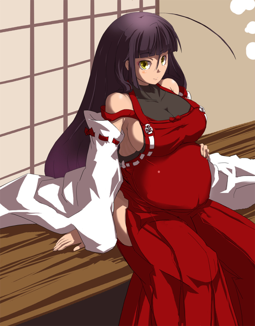 absurdres, ahoge, black_hair, breasts, detached_sleeves, highres, hime_cut, huge_breasts, mugen_(game), pregnant, rekise, sendai_hakurei_no_miko, sideboob, tatami, touhou, yellow_eyes