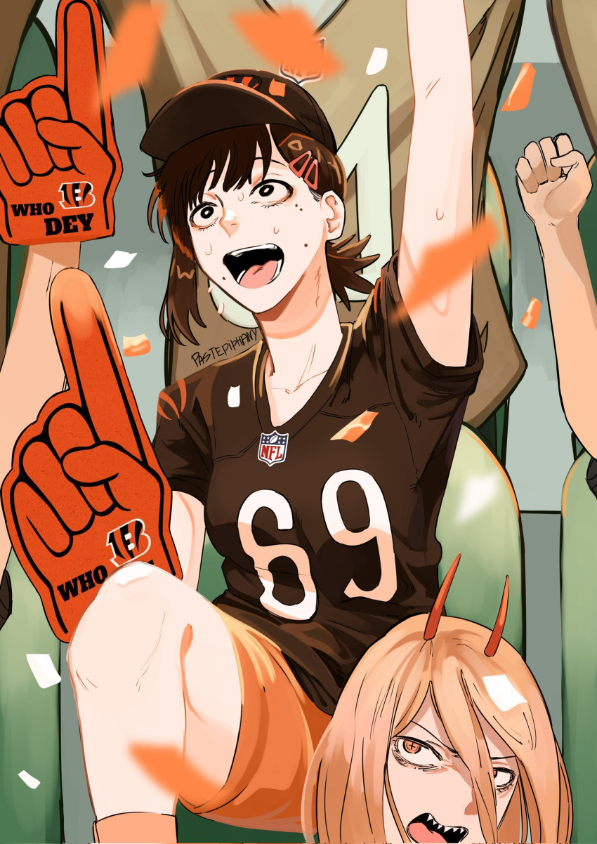 2girls, arms_up, artist_name, baseball_cap, black_eyes, black_hair, black_shirt, blonde_hair