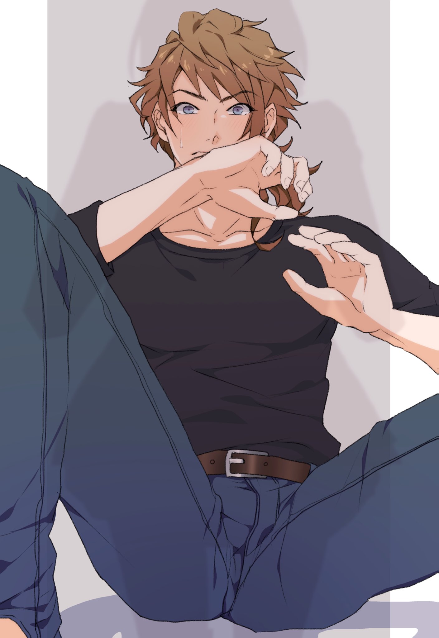 1boy, barefoot, belt, belt_buckle, black_shirt, blue_eyes, blue_pants, brown_belt