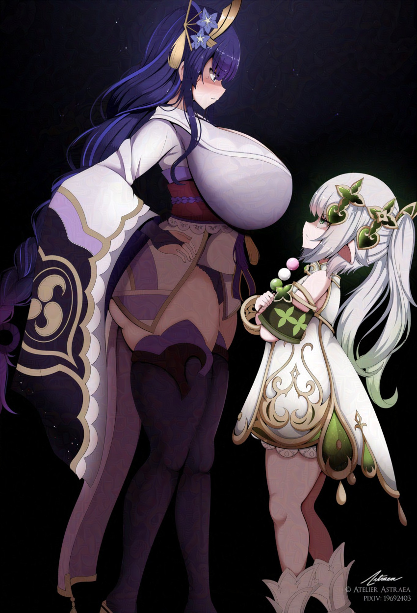 2girls, astraea_(atelierastraea), breasts, dango, food, genshin_impact, hair_ornament, highres