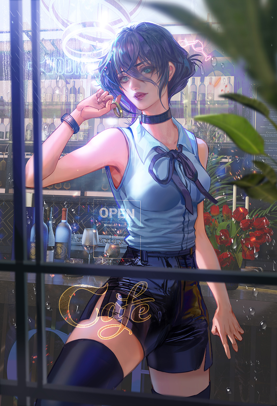 1girl, alcohol, bar_(place), bare_shoulders, black_choker, black_ribbon, black_shorts, black_thighhighs