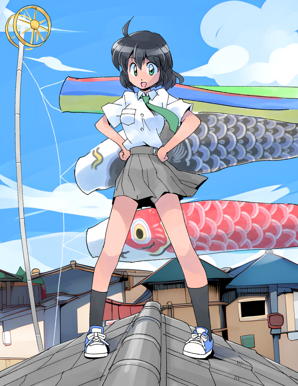 1girl, antenna_hair, black_hair, black_socks, blue_footwear, clouds, cloudy_sky, full_body
