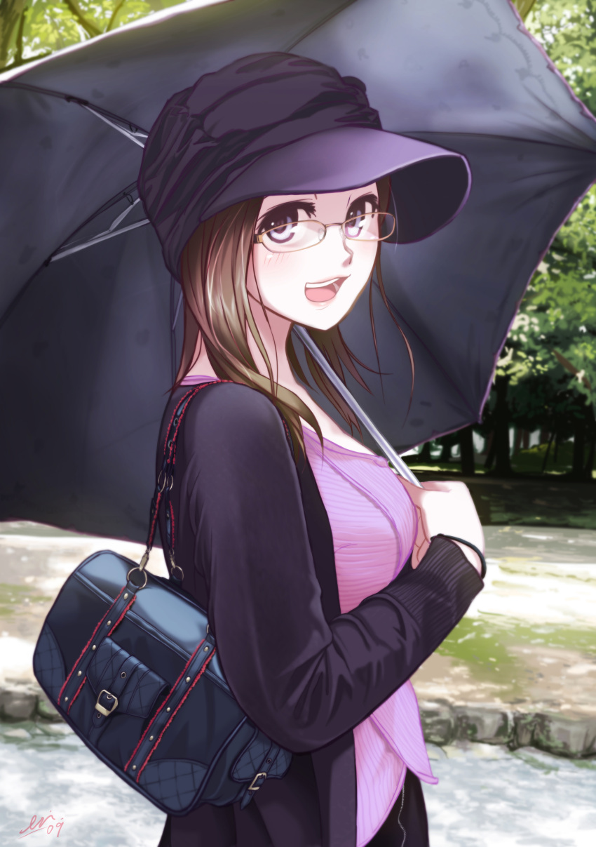 bad_id, bag, blue_eyes, blush, bracelet, brown_hair, eri_(artist), glasses