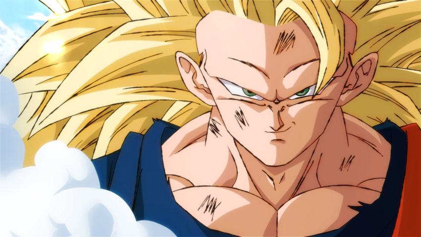 blonde_hair, clouds, cody_artzz, dougi, dragon_ball, highres, large_pectorals, long_hair, looking_at_viewer, muscular, muscular_male, pectorals, smoke, son_goku, super_saiyan, super_saiyan_3, takahashi_yuuya_(style), torn_clothes