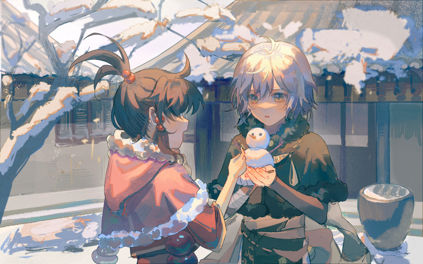 2boys, bingzhen_yugao, blush, brown_hair, candied_hawthorn_(the_tale_of_food), character_request, facing_another, high_ponytail, highres, holding_snowman, looking_at_another, male_child, male_focus, multiple_boys, open_mouth, smile, snow, snowman, the_tale_of_food, white_hair, yellow_eyes