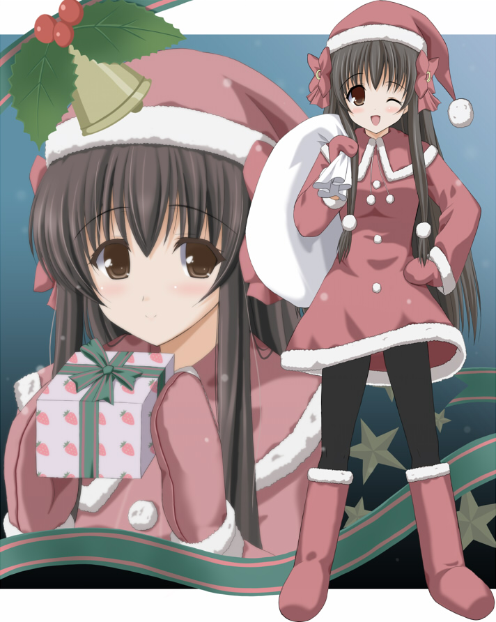 bag, brown_eyes, chisato_(missing_park), christmas, gift, hand_on_hip, long_hair, minamoto_chikaru