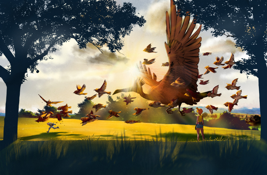 1boy, 1girl, absurdres, anthony_gonzales-clark, ash_ketchum, belt, bird, brown_belt, clouds, commentary, day, falling_leaves, fearow, field, gloves, grass, highres, leaf, misty_(pokemon), one_side_up, orange_hair, outdoors, pikachu, pokemon, pokemon_(anime), pokemon_(classic_anime), running, shirt, short_hair, shorts, sky, sleeveless, sleeveless_shirt, spearow, standing, sun, tree, yellow_shirt