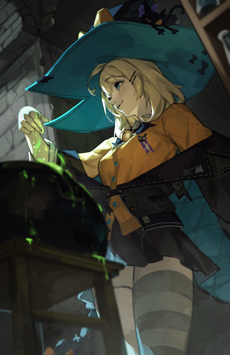 1girl, bell, black_cat, black_coat, black_headwear, black_skirt, blonde_hair, blue_eyes, blue_headwear, bob_cut, breasts, cardigan, cat, cauldron, closed_mouth, coat, english_text, from_below, hair_ornament, hairclip, hat, jingle_bell, kuno_(runkunochan), large_hat, medium_hair, millie_parfait, nijisanji, nijisanji_en, orange_cardigan, orange_sweater, pleated_skirt, skirt, small_breasts, smile, solo, striped, striped_thighhighs, sweater, tagalog_commentary, thigh-highs, virtual_youtuber, witch, witch_hat