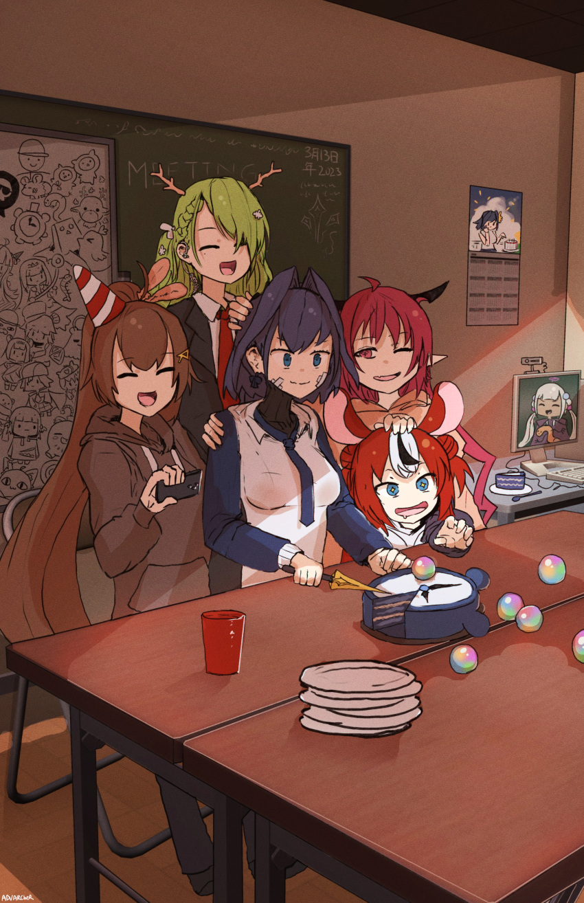 5girls, :d, ^_^, absurdres, advarcher, ahoge, black_hair, black_jacket
