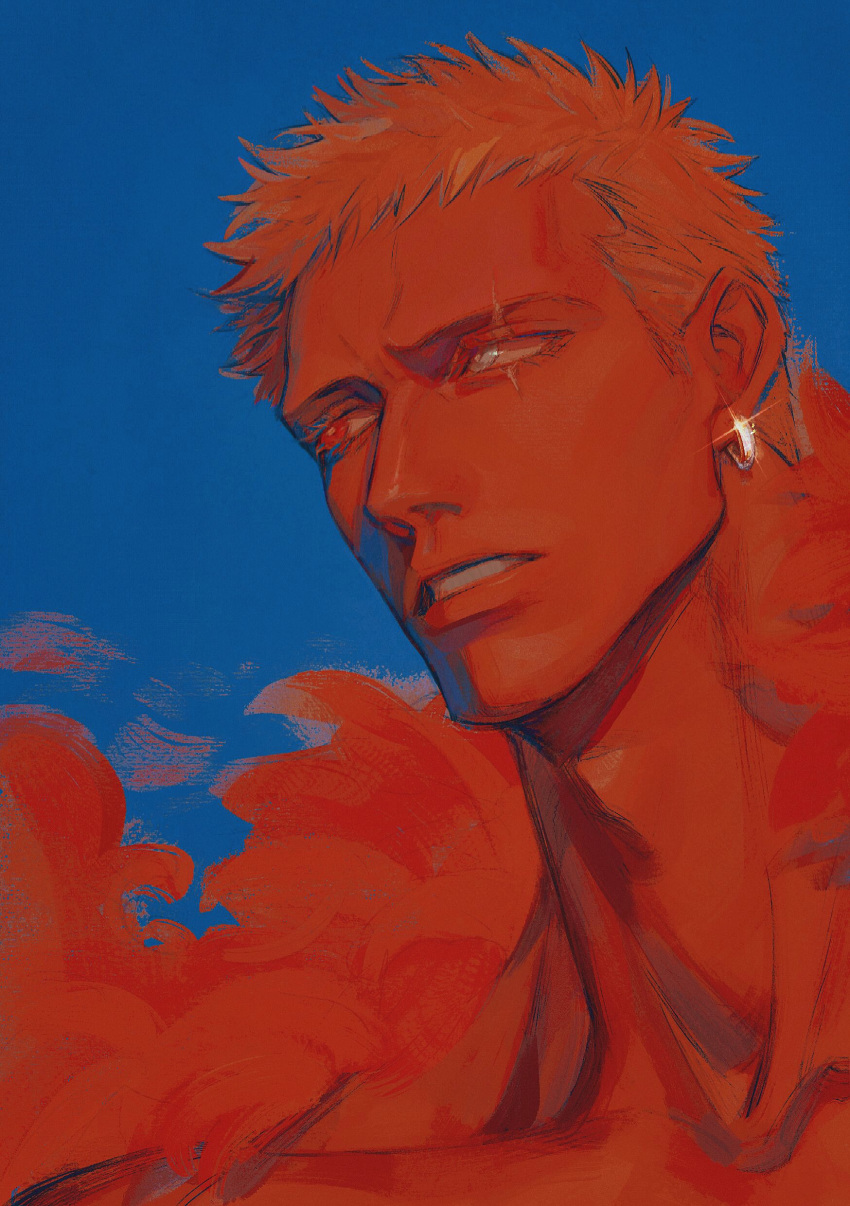 1boy, absurdres, blonde_hair, blue_background, coat, collarbone, donquixote_doflamingo, earrings