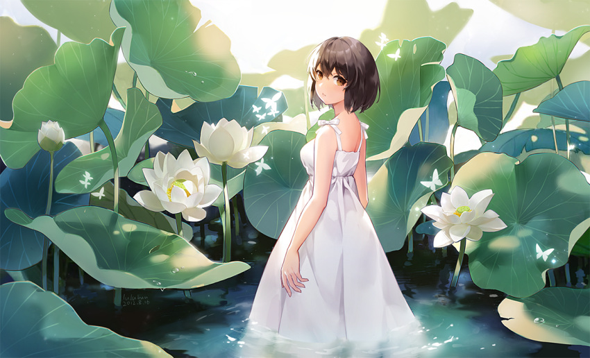 1girl, black_hair, bob_cut, brown_eyes, bug, butterfly, dew_drop, double-parted_bangs