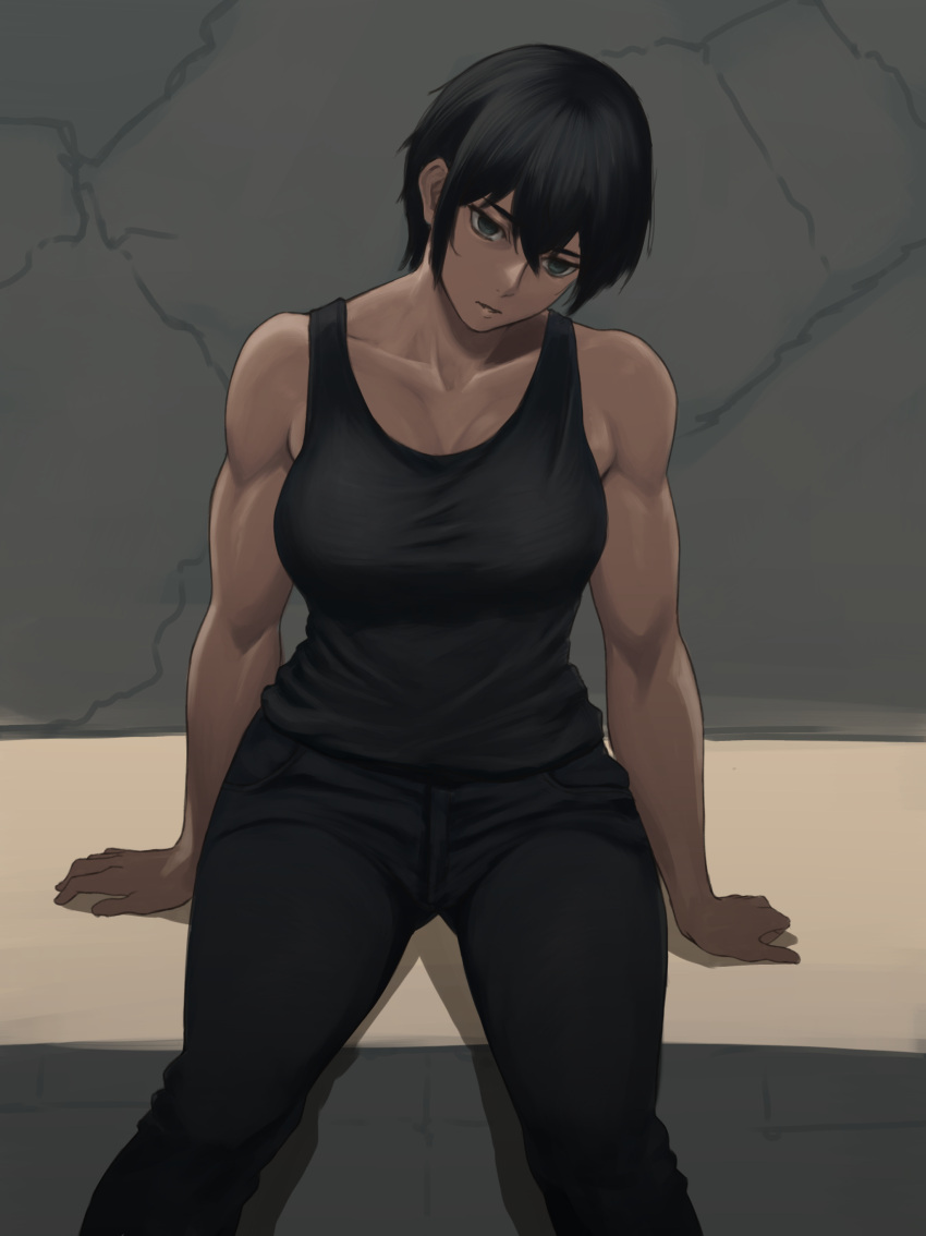 1girl, absurdres, android, black_hair, black_pants, breasts, commission, damaged