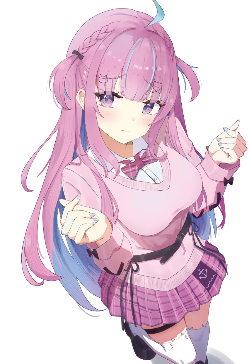 1girl, absurdres, ahoge, anchor_symbol, animal_ear_legwear, black_footwear, blue_hair, blush