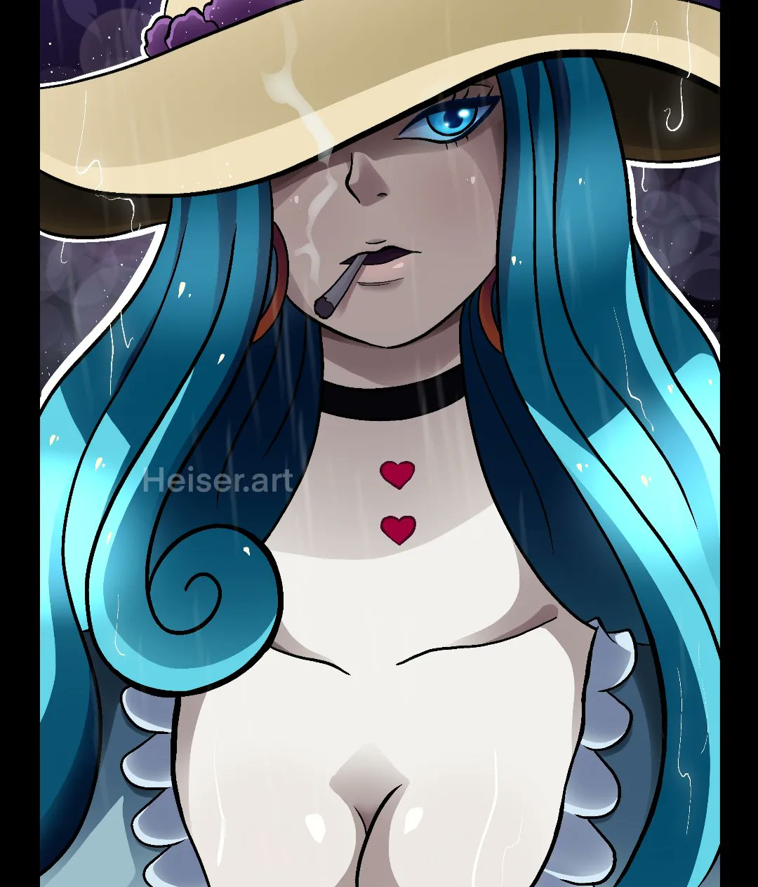 1girl, aqua_eyes, aqua_hair, artist_name, charlotte_amande, choker, cigarette, earrings, hat, hat_over_one_eye, heart, heart_tattoo, highres, jewelry, long_hair, melonciutus, necklace, one_piece, open_mouth, pale_skin, rain, smoke, smoking, solo, tattoo