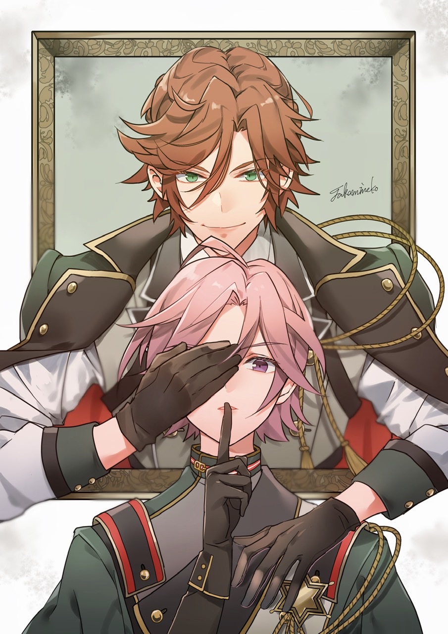 2boys, aiguillette, black_gloves, brown_hair, closed_mouth, collared_shirt, covering_another's_eye, covering_one_eye