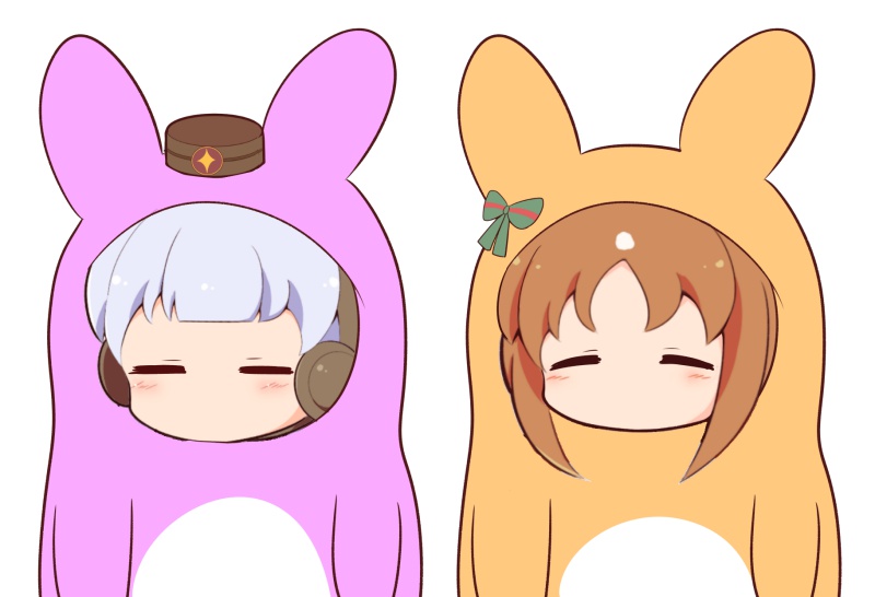 2girls, =_=, animal_costume, bow, brown_hair, brown_headwear, closed_eyes, commentary