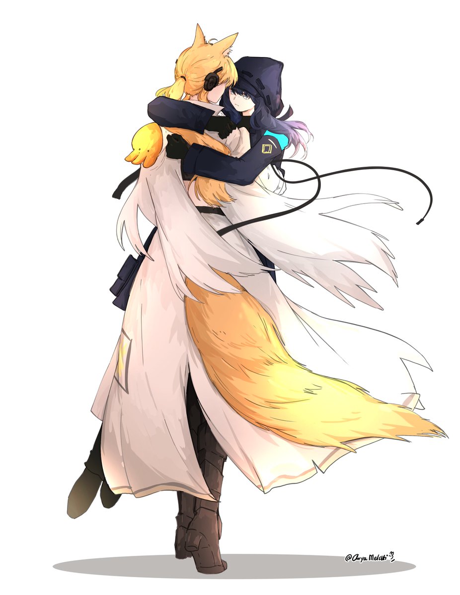 2girls, animal_ear_fluff, animal_ears, arknights, armored_boots, arya_melati, black_coat, black_gloves
