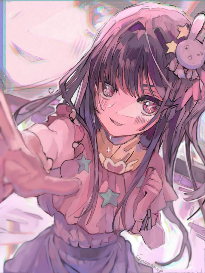 1girl, anaglyph, artist_name, blurry, blush, brooch, commentary_request, depth_of_field, dress, frilled_dress, frilled_gloves, frills, gloves, gottsuan, hair_ornament, heart_brooch, highres, hoshino_ai_(oshi_no_ko), idol, idol_clothes, jewelry, long_hair, one_side_up, oshi_no_ko, parted_lips, pink_dress, pink_gloves, purple_hair, rabbit_hair_ornament, sidelocks, solo, star-shaped_pupils, star_(symbol), star_hair_ornament, sweat, swept_bangs, symbol-shaped_pupils, turtleneck_dress, violet_eyes, zoom_layer