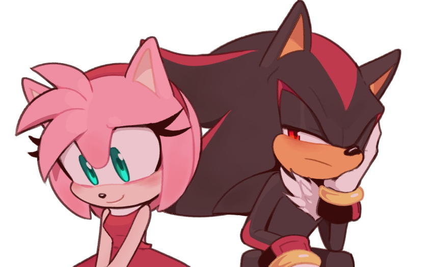 1boy, 1girl, amy_rose, animal_ears, animal_nose, aqua_eyes, bare_shoulders, black_fur