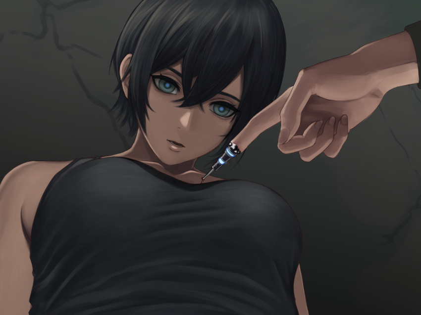2girls, android, artificial_eye, black_hair, black_shirt, blue_pupils, breasts, commission