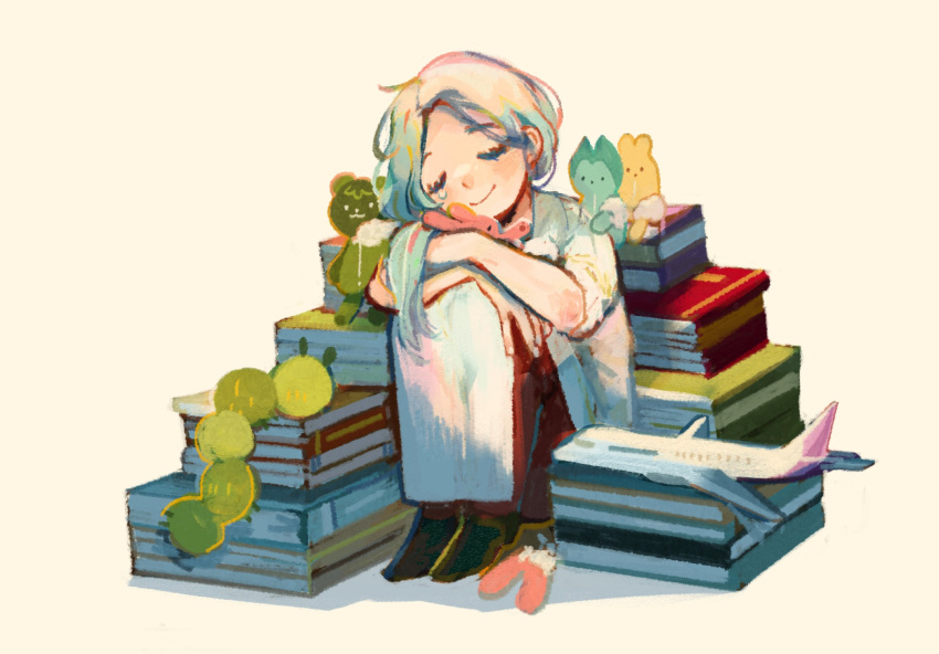 1girl, aircraft, airplane, arms_on_knees, bamtoast, black_footwear, blue_hair, book