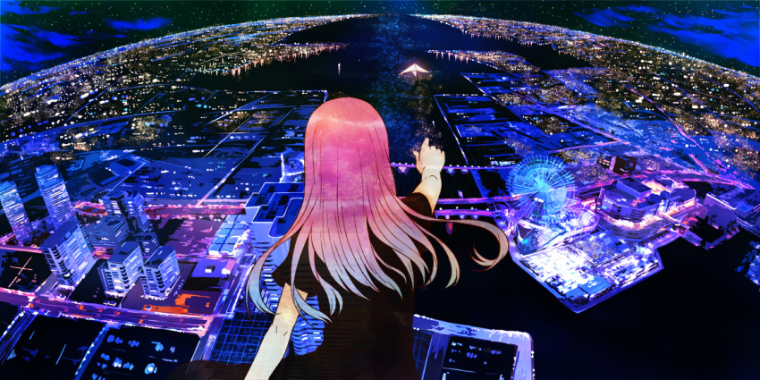 ferris_wheel, furai, horizon, night, original, paper_airplane, pink_hair, solo