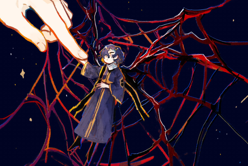 1boy, bamtoast, black_footwear, blue_hair, blue_robe, boots, closed_mouth, dark_blue_hair