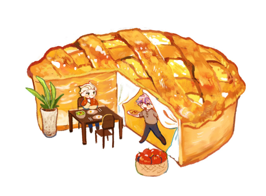 2boys, apple, apple_pie, bamtoast, basket, black_pants, blonde_hair, bright_pupils