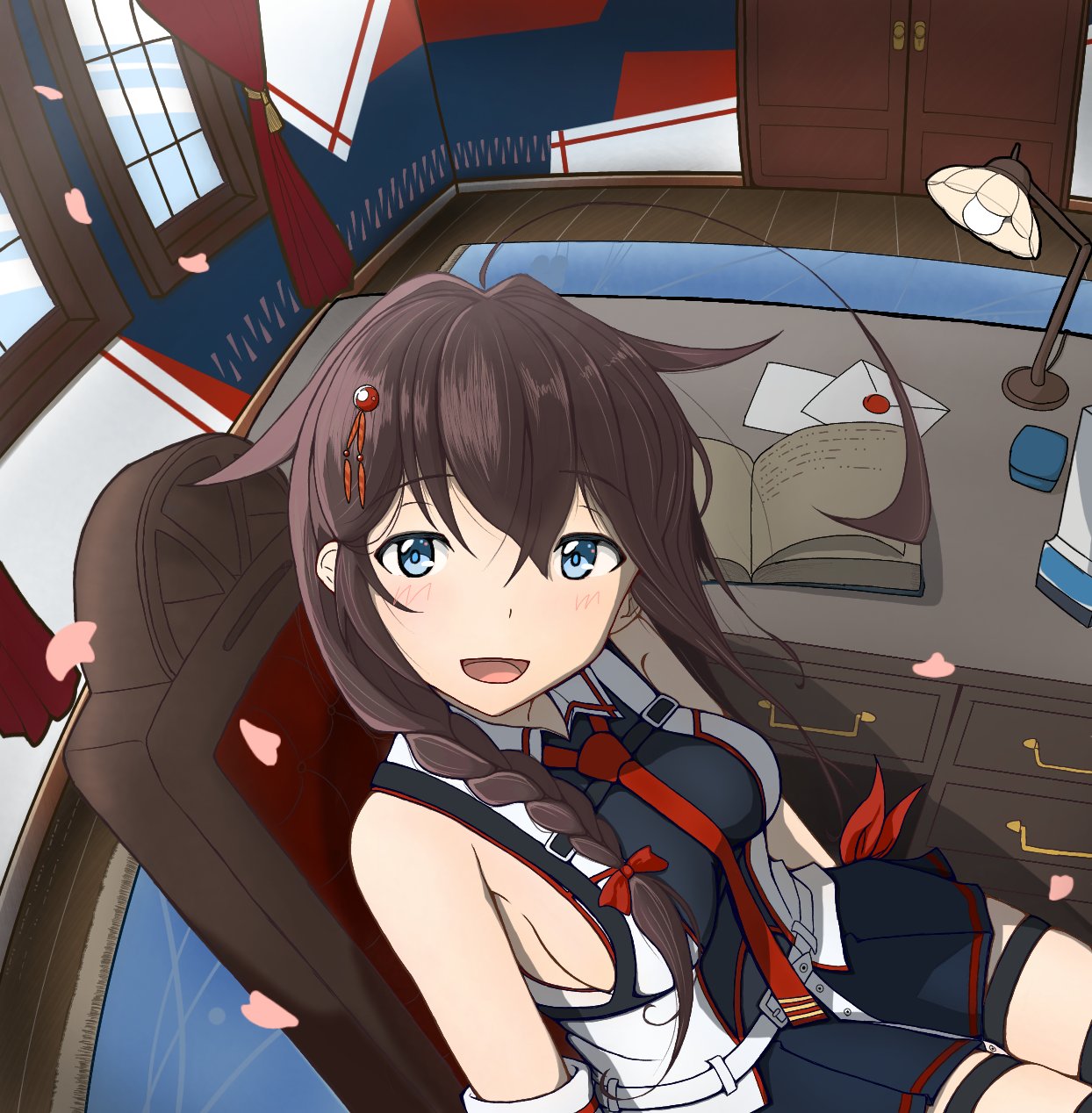 1girl, ahoge, black_hair, black_shirt, black_skirt, blue_eyes, book, braid, chair, desk, door, envelope, fisheye, hair_flaps, hair_over_shoulder, highres, kantai_collection, lamp, long_hair, necktie, pleated_skirt, red_necktie, shigure_(kancolle), shigure_kai_san_(kancolle), shirt, single_braid, sitting, skirt, sleeveless, sleeveless_shirt, solo, tonton_lv1, two-tone_shirt, window