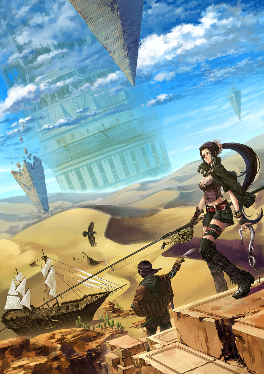 black_hair, blue_eyes, breasts, cactus, cleavage, desert, eyepatch, feathers, fishing_rod, gloves, headband, highres, jacket, long_hair, megastructure, navel, original, oropi, pixiv_festa, ponytail, sand, ship, shorts, thigh-highs, thigh_strap, thighhighs, wristband