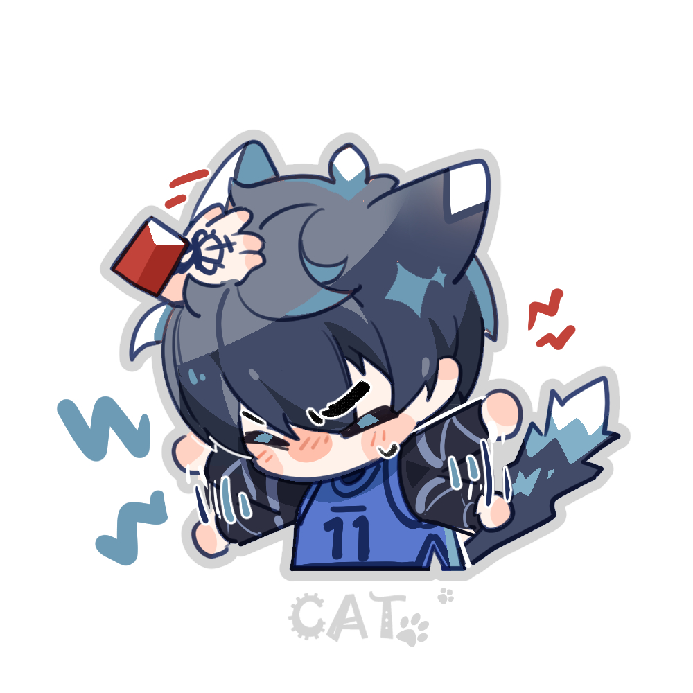 1boy, animal_ears, annoyed, black_hair, blue_lock, blue_shirt, blush, cat_boy