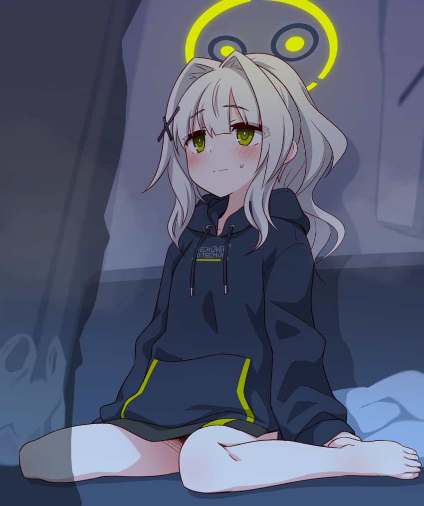 1girl, absurdres, bare_legs, barefoot, black_hoodie, blue_archive, green_eyes, grey_hair