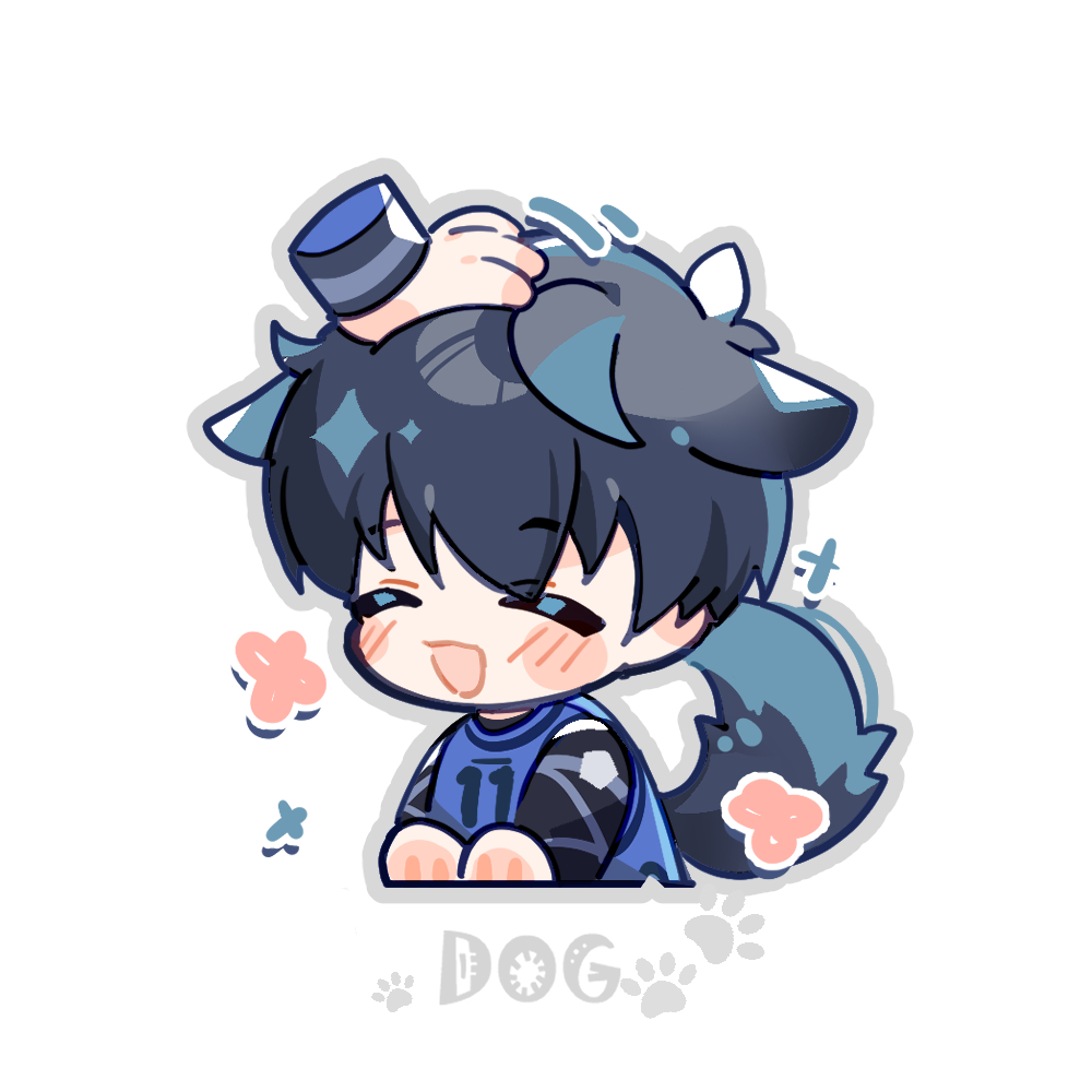 1boy, animal_ears, black_hair, blue_lock, blue_shirt, blush, chibi, chinese_commentary