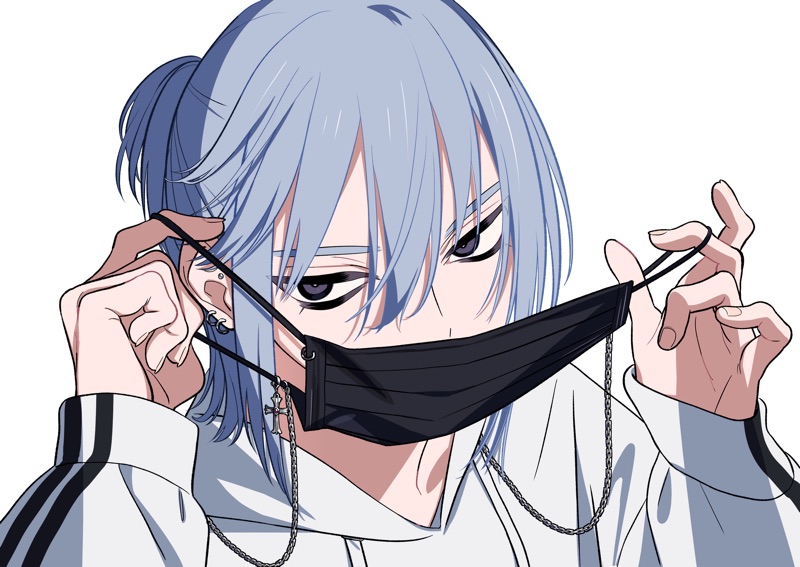 1boy, black_mask, black_stripes, blue_hair, chain, cross, ear_piercing, grey_eyes, hair_between_eyes, hood, hoodie, looking_at_viewer, mask, mouth_mask, neguko, original, piercing, putting_on_mask, sidelocks, solo, surgical_mask, white_background, white_hoodie