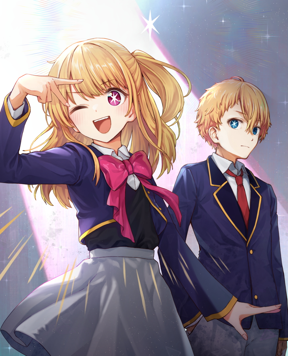 1boy, 1girl, aishima_marota, black_vest, blazer, blonde_hair, blue_eyes, blue_jacket