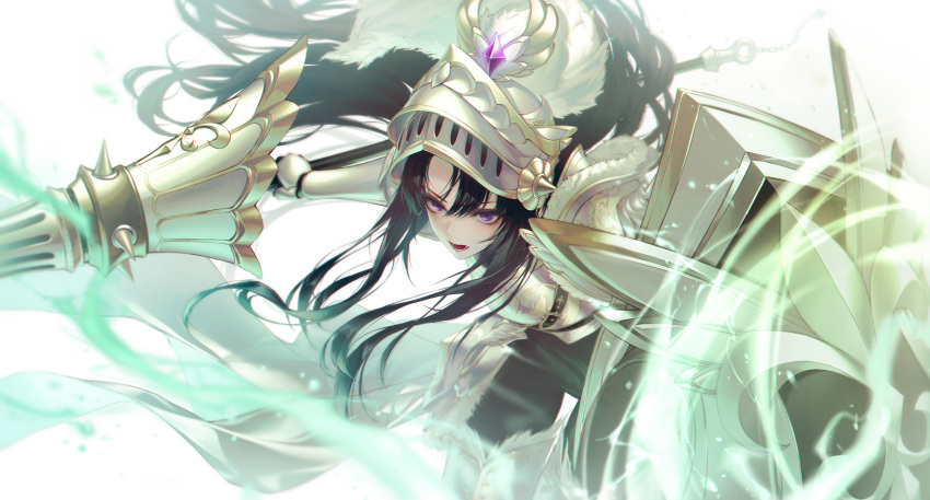 1girl, armor, black_hair, grimlight, helmet, highres, holding, holding_shield