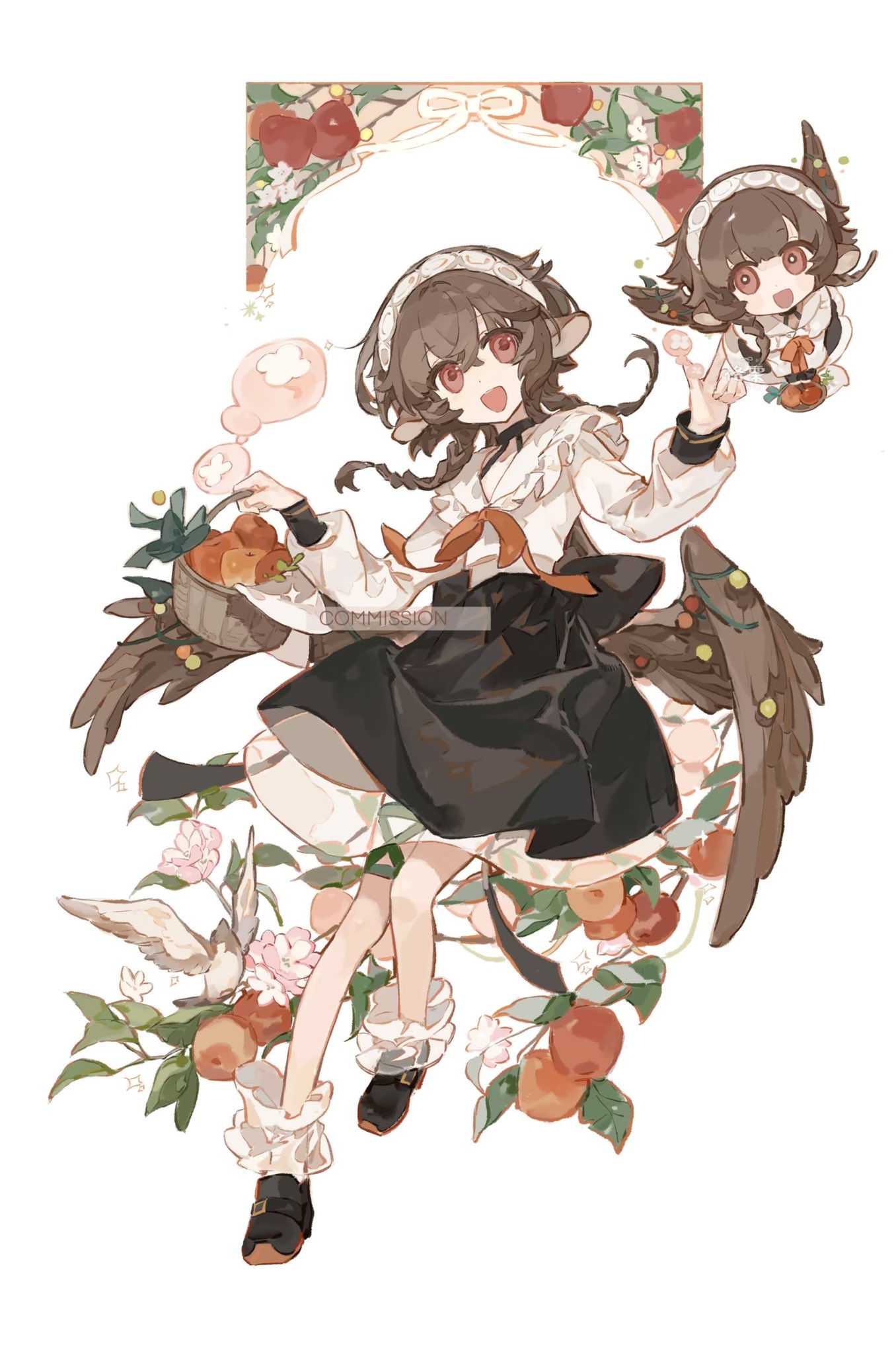 1girl, :d, animal_ears, apple, basket, bird, bird_ears, bird_wings