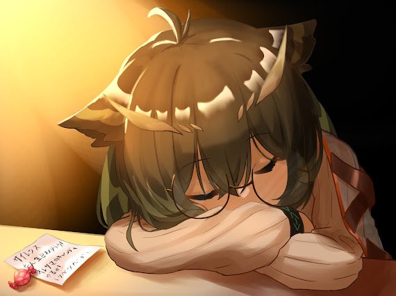 arknights, bird_girl, brown_background, coat, crossed_arms, feather_hair, gift, glasses